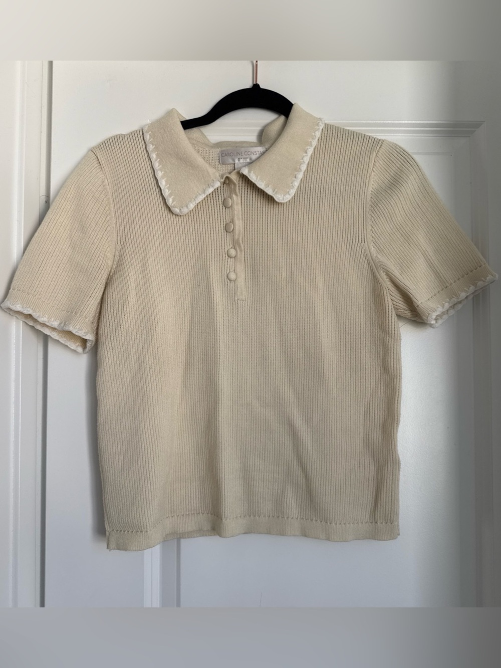 Caroline Constas Short Sleeve Sweater Knit Ribbed Polo Cream Size Medium